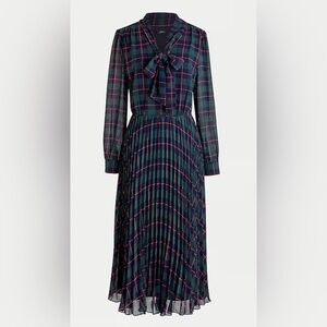 J. Crew holiday winter tie-neck pleated a-line dress in Black Watch tartan
